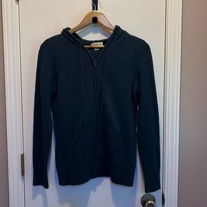 M. Navy blue hooded, zipper front, cardigan sweater. Fits snug. Great condition.